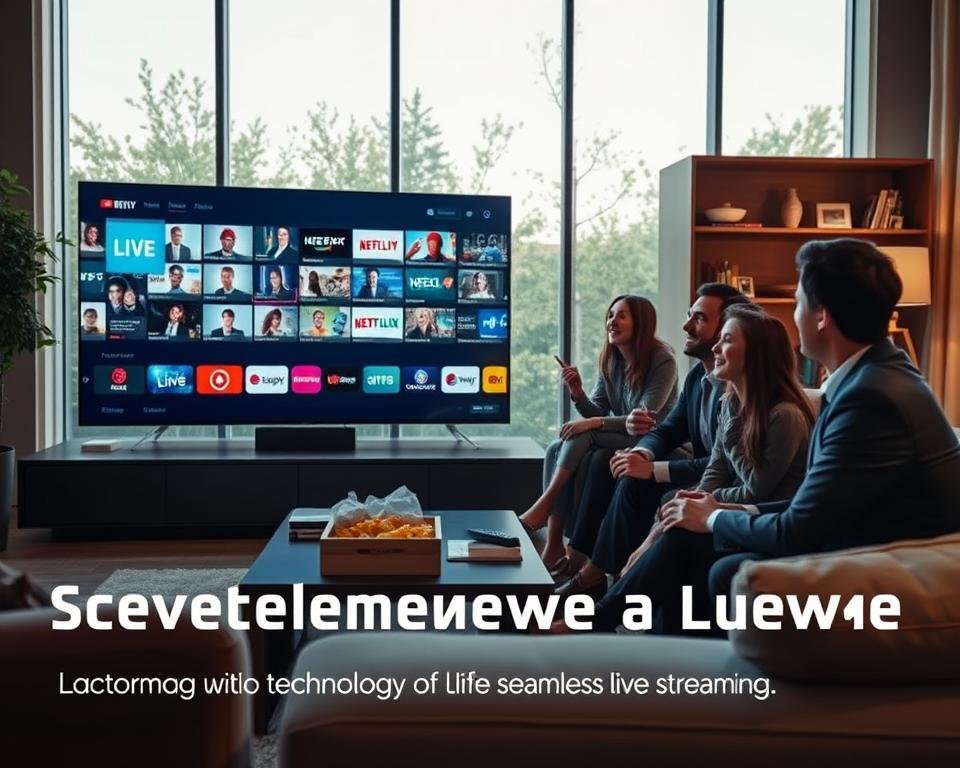 A modern living room setting featuring a sleek, large-screen television displaying a diverse range of live TV channels. In the foreground, a family of four, dressed in professional business attire, sits comfortably on a stylish couch, engaged in watching the screen with expressions of enjoyment and excitement. The middle scene shows a coffee table with snacks and a remote control, emphasizing the relaxed viewing experience. In the background, large windows let in soft, natural light, which creates a warm and inviting atmosphere, highlighting the technology of seamless live streaming. The overall mood is one of joy and connection, with a focus on the quality of the viewing experience. The image should convey a sense of modern comfort and the reliability of live television streaming.