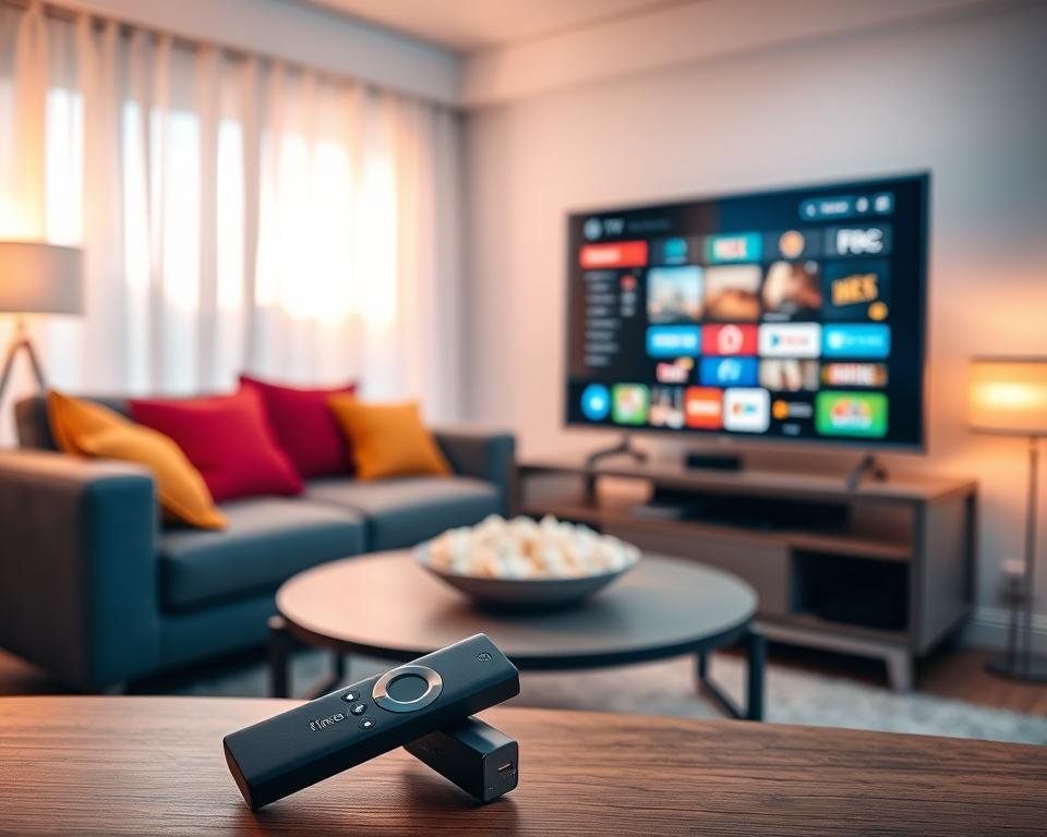 A modern living room setting featuring a sleek smart TV displaying IPTV streaming content, with a Firestick remote prominently placed in the foreground. In the middle ground, a comfortable couch adorned with colorful throw pillows invites relaxation, while a coffee table holds a bowl of popcorn, emphasizing casual entertainment. The background features soft ambient lighting that creates a warm and inviting atmosphere, with curtains slightly drawn to reveal a hint of a sunset outside, casting a gentle glow. The composition is shot from a slightly elevated angle, giving a clear view of the TV screen and the cozy environment. The overall mood evokes a sense of convenience and enjoyment in streaming technology for home entertainment.