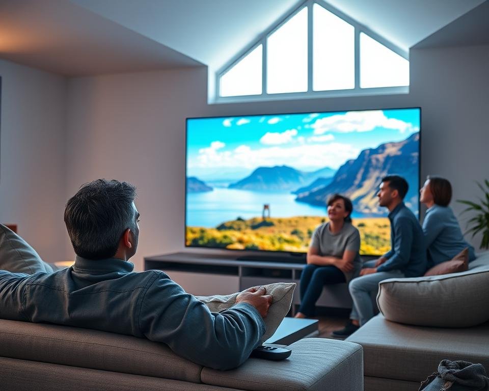 A modern living room setting showcasing the benefits of Ultra HD streaming. In the foreground, a large flat-screen TV displays a vibrant, high-resolution image of a stunning landscape in 4K, with vivid colors and intricate details. To the left, a sleek, stylish sofa is adorned with plush pillows, and a remote control rests on the armrest. In the middle ground, a family of four, dressed in casual but professional clothing, enjoys watching together, their faces expressing delight and amazement at the clarity of the image. The background features a bright window letting in natural light, enhancing the warm and inviting atmosphere. The scene captures a sense of comfort and enjoyment, emphasizing the superior experience of viewing in Ultra HD. Soft, diffused lighting creates a serene ambiance, and the angle is slightly elevated to capture the entire setting harmoniously.