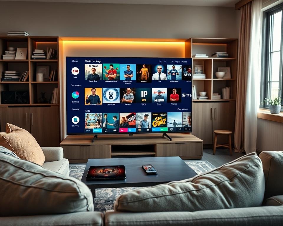 A modern living room setting showcasing various live streaming service options displayed on a sleek flat-screen TV. In the foreground, a cozy sofa adorned with plush cushions invites relaxation. A stylish coffee table features a tablet and smartphone, both displaying popular streaming app logos. In the middle ground, the TV shows a collage of vibrant thumbnail images representing diverse content genres, such as movies, sports, and documentaries. The background includes a soft-lit bookshelf filled with books and decorative items, enhancing the homey atmosphere. Soft natural lighting filters through a nearby window, casting a warm glow throughout the room. The overall mood is inviting and tech-savvy, perfect for exploring alternatives to traditional cable television. A modern living room setting showcasing various live streaming service options displayed on a sleek flat-screen TV. In the foreground, a cozy sofa adorned with plush cushions invites relaxation. A stylish coffee table features a tablet and smartphone, both displaying popular streaming app logos. In the middle ground, the TV shows a collage of vibrant thumbnail images representing diverse content genres, such as movies, sports, and documentaries. The background includes a soft-lit bookshelf filled with books and decorative items, enhancing the homey atmosphere. Soft natural lighting filters through a nearby window, casting a warm glow throughout the room. The overall mood is inviting and tech-savvy, perfect for exploring alternatives to traditional cable television.