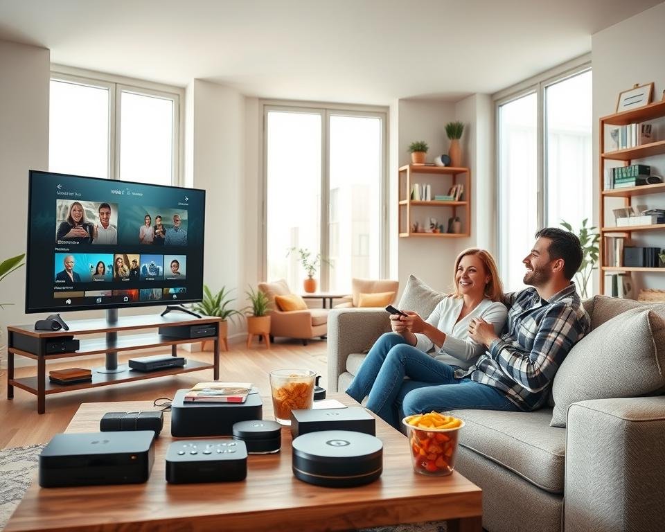 A modern living room setting with a cozy ambiance, featuring a family enjoying a variety of live TV streaming options on a large flat-screen TV. In the foreground, a smiling couple is seated on a comfortable sofa, each holding a remote control, dressed in casual, professional attire. On a coffee table in front of them, various streaming devices and snacks are arranged, symbolizing convenience and choice. In the middle background, large windows let in soft, natural light, creating a warm atmosphere. Shelves are filled with books and a few plants, adding a homey feel. The overall mood is relaxed and inviting, capturing the freedom and flexibility that comes with cutting the cord from traditional cable services. The composition is bright and cheerful, using a wide-angle lens to encompass the entire room. A modern living room setting with a cozy ambiance, featuring a family enjoying a variety of live TV streaming options on a large flat-screen TV. In the foreground, a smiling couple is seated on a comfortable sofa, each holding a remote control, dressed in casual, professional attire. On a coffee table in front of them, various streaming devices and snacks are arranged, symbolizing convenience and choice. In the middle background, large windows let in soft, natural light, creating a warm atmosphere. Shelves are filled with books and a few plants, adding a homey feel. The overall mood is relaxed and inviting, capturing the freedom and flexibility that comes with cutting the cord from traditional cable services. The composition is bright and cheerful, using a wide-angle lens to encompass the entire room.