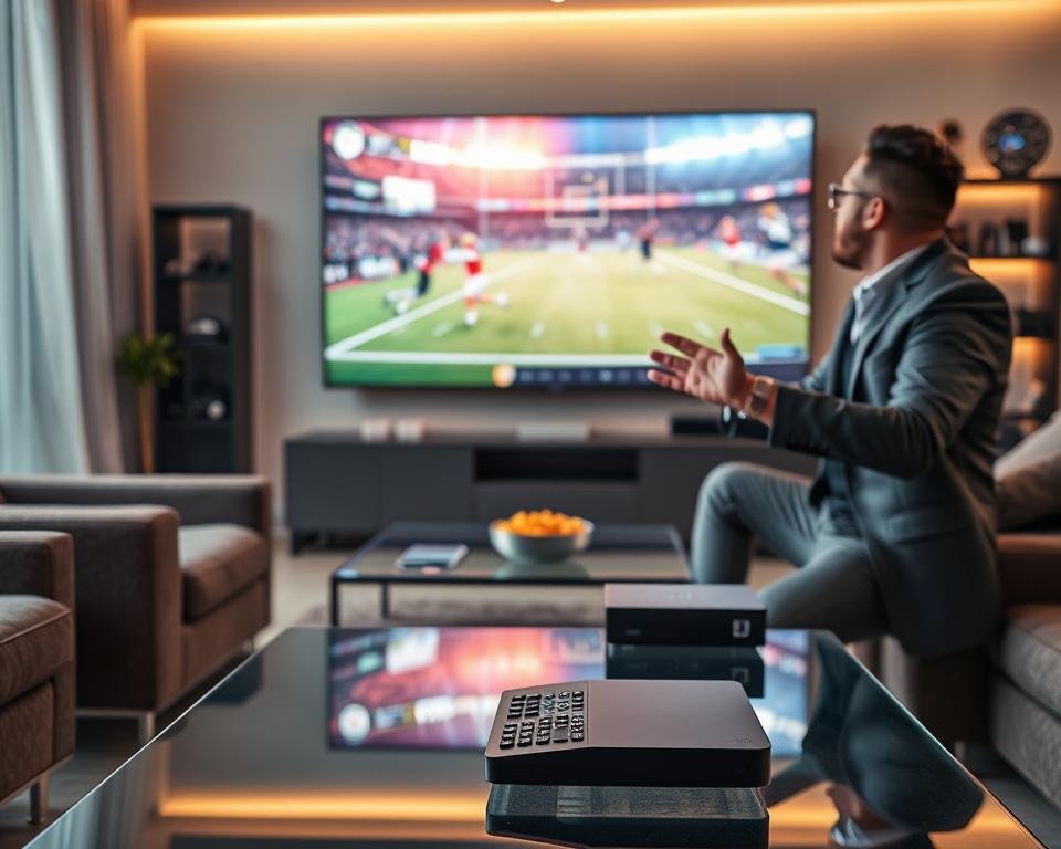 A modern living room setting with a large flat-screen TV displaying a vibrant live sports match, showcasing the excitement of IPTV technology. In the foreground, a sleek remote control lies on a glass coffee table, while a well-dressed person, dressed in business casual attire, is enthusiastically gesturing towards the screen, embodying the enjoyment of streaming sports. The middle ground features comfortable seating arranged around the table, with subtle details like a bowl of snacks and an IPTV set-top box beside the TV. In the background, a stylish shelf holds various tech gadgets and sports memorabilia, illuminated by soft, warm lighting that creates an inviting atmosphere. The overall mood conveys engagement and modernity, highlighting the cutting-edge nature of IPTV in a home environment. A modern living room setting with a large flat-screen TV displaying a vibrant live sports match, showcasing the excitement of IPTV technology. In the foreground, a sleek remote control lies on a glass coffee table, while a well-dressed person, dressed in business casual attire, is enthusiastically gesturing towards the screen, embodying the enjoyment of streaming sports. The middle ground features comfortable seating arranged around the table, with subtle details like a bowl of snacks and an IPTV set-top box beside the TV. In the background, a stylish shelf holds various tech gadgets and sports memorabilia, illuminated by soft, warm lighting that creates an inviting atmosphere. The overall mood conveys engagement and modernity, highlighting the cutting-edge nature of IPTV in a home environment.