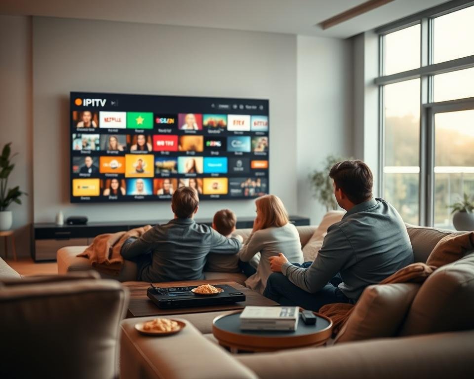 A modern living room setting with a sleek large screen displaying IPTV content, like a colorful array of channels and shows. In the foreground, a family sitting comfortably on a stylish couch, all dressed in modest casual clothing, engrossed in their viewing experience. The middle ground features a coffee table with snacks and remote controls, enhancing the cozy atmosphere. In the background, large windows let in warm natural light, giving the room a welcoming feel. Use a soft, cinematic lighting to create a relaxed mood, with a slight depth of field focusing on the screen and the family's expressions, suggesting engagement and enjoyment of an IPTV service.