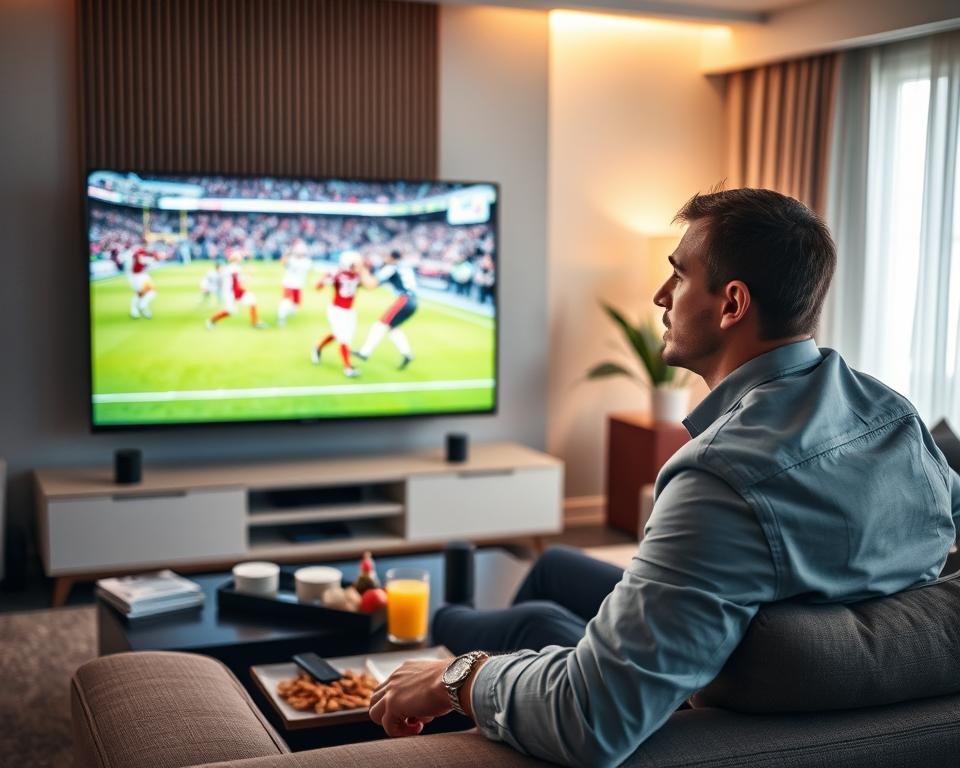 A modern living room setup featuring a sleek smart TV displaying a vibrant live sports game. In the foreground, a professional individual in business casual attire is intently watching the screen, with a look of excitement and engagement. The middle ground shows a comfortable couch with a remote, snacks, and drinks neatly arranged, suggesting a cozy viewing environment. In the background, soft ambient lighting highlights the room's contemporary decor, with light filtering through curtains, creating a warm and inviting atmosphere. The scene captures a high-tech feel, emphasizing the thrill of streaming sports efficiently, with a focus on enhancing the viewing experience. The composition should evoke a sense of enthusiasm and modernity, framed from a slightly elevated angle for a dynamic perspective. A modern living room setup featuring a sleek smart TV displaying a vibrant live sports game. In the foreground, a professional individual in business casual attire is intently watching the screen, with a look of excitement and engagement. The middle ground shows a comfortable couch with a remote, snacks, and drinks neatly arranged, suggesting a cozy viewing environment. In the background, soft ambient lighting highlights the room's contemporary decor, with light filtering through curtains, creating a warm and inviting atmosphere. The scene captures a high-tech feel, emphasizing the thrill of streaming sports efficiently, with a focus on enhancing the viewing experience. The composition should evoke a sense of enthusiasm and modernity, framed from a slightly elevated angle for a dynamic perspective.