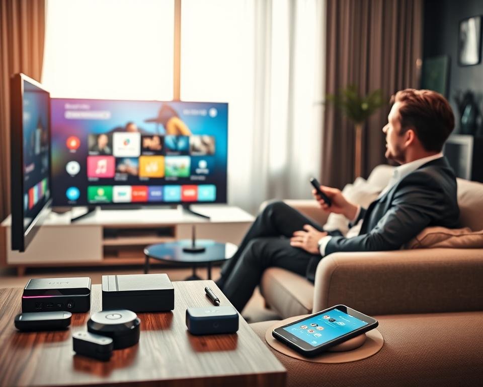 A modern living room setup featuring a sleek television displaying a vibrant IPTV interface. In the foreground, a stylish console holds various streaming devices, showcasing their compatibility with the TV, like streaming sticks and gaming consoles. A person in professional attire is seated comfortably on a plush sofa, using a remote control, with a look of focus and excitement. The middle ground includes a small coffee table with a tablet and smartphone, both showing the IPTV app, emphasizing multi-device compatibility. The background reveals bright, natural light filtering through a large window, creating an inviting atmosphere. Use a warm color palette to enhance the cozy vibe, with a slightly blurred lens effect to evoke a sense of seamless integration and convenience in technology.