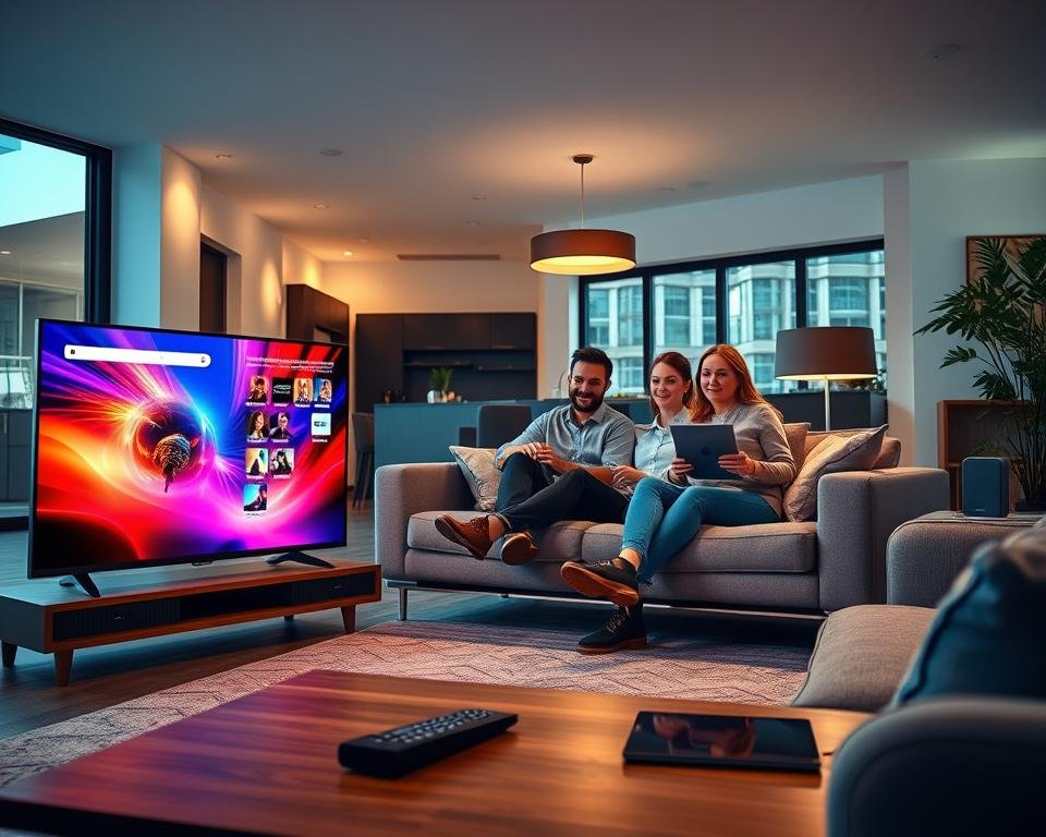 A modern living room showcasing IPTV technology. In the foreground, a sleek, large flat-screen TV displays vibrant streaming content, with a remote control on a stylish coffee table. In the middle, a relaxed family sits comfortably on a contemporary sofa, dressed in casual yet professional attire, enjoying their favorite shows together. The background features an open layout with subtle ambient lighting, creating a warm and inviting atmosphere. Smart devices like a tablet and smart speakers are strategically placed, indicating a connected home environment. Large windows allow natural light to stream in, enhancing the cozy feeling of the space. The overall mood is one of togetherness and modern entertainment, emphasizing the convenience and innovation of Internet Protocol Television.