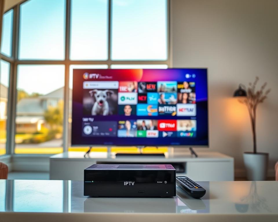A modern living room showcasing Internet Protocol Television (IPTV) technology. In the foreground, a sleek, flat-screen television displays vibrant streaming content. The middle layer features a stylish media console with IPTV devices, like a set-top box and remote control, elegantly arranged. In the background, large windows reveal a sunny suburban view, casting warm, natural light into the space. Subtle reflections on the TV surface highlight the dynamic digital interface. The composition conveys a sense of convenience and modernity, inviting users to explore the world of affordable streaming. The atmosphere is bright and inviting, with a clean, contemporary aesthetic, emphasizing a seamless integration of technology into everyday life.