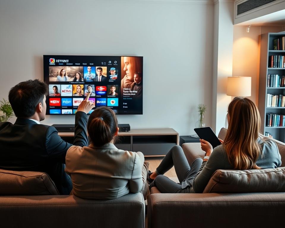 A modern living room with a high-definition television displaying a vibrant IPTV interface showcasing a variety of channels and video-on-demand options. In the foreground, a diverse group of three people, dressed in professional business attire, are seated comfortably on a stylish couch, engaged in an animated discussion. One person points excitedly at the screen, while another takes notes on a tablet, highlighting the value of IPTV for TV lovers. The middle ground features sleek furniture and a well-organized entertainment system, reflecting a sophisticated and tech-savvy environment. The background shows a cozy ambiance with soft, warm lighting and a bookshelf filled with film and media collections. The overall mood is one of enthusiasm and collaboration, suggesting the importance of evaluating long-term value in IPTV services.