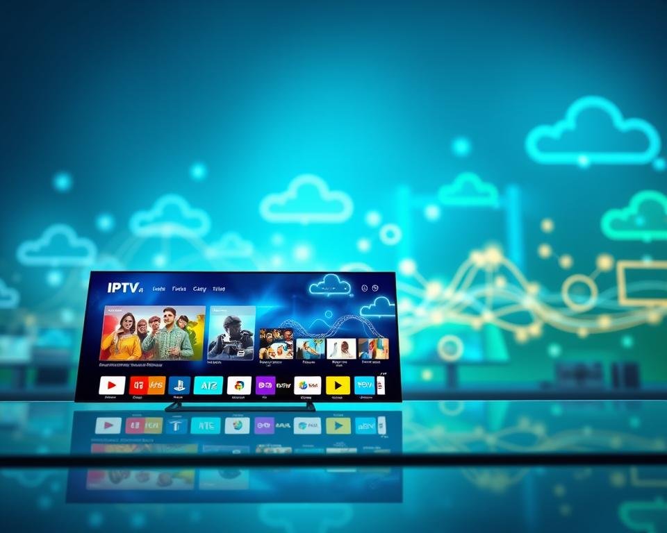 A modern, sleek illustration of IPTV middleware technology, focusing on a digital interface showcasing streaming services. In the foreground, depict a user-friendly dashboard with vibrant icons representing various channels and features, set on a glass surface for a high-tech feel. The middle ground should include animated data streams, symbolizing the flow of content, depicted as bright lines or waves flowing from devices. The background can feature abstract representations of servers and cloud systems, blending shades of blue and green, creating an innovative atmosphere. Soft, ambient lighting enhances the technological vibe, with the perspective angled slightly downward, giving depth to the composition. Convey a sense of advanced technology and seamless connectivity in the image. A modern, sleek illustration of IPTV middleware technology, focusing on a digital interface showcasing streaming services. In the foreground, depict a user-friendly dashboard with vibrant icons representing various channels and features, set on a glass surface for a high-tech feel. The middle ground should include animated data streams, symbolizing the flow of content, depicted as bright lines or waves flowing from devices. The background can feature abstract representations of servers and cloud systems, blending shades of blue and green, creating an innovative atmosphere. Soft, ambient lighting enhances the technological vibe, with the perspective angled slightly downward, giving depth to the composition. Convey a sense of advanced technology and seamless connectivity in the image.