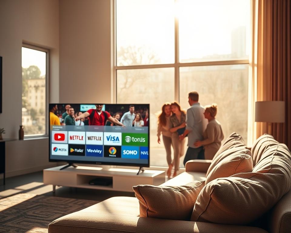 A modern, sleek living room setting bathed in warm, natural light streaming through large windows. In the foreground, a sophisticated flat-screen TV displays colorful streaming service logos. A cozy sofa is adorned with plush cushions, inviting viewers to relax. In the middle, a family of diverse individuals—dressed in smart casual attire—gathers around the TV, engaged in watching an exciting live event. In the background, minimalistic decor complements the contemporary atmosphere. Gentle shadows enhance the ambiance, creating a comfortable and inviting space. The image should capture the essence of shared entertainment experiences in the digital age, showcasing the convenience and enjoyment of live TV streaming. A modern, sleek living room setting bathed in warm, natural light streaming through large windows. In the foreground, a sophisticated flat-screen TV displays colorful streaming service logos. A cozy sofa is adorned with plush cushions, inviting viewers to relax. In the middle, a family of diverse individuals—dressed in smart casual attire—gathers around the TV, engaged in watching an exciting live event. In the background, minimalistic decor complements the contemporary atmosphere. Gentle shadows enhance the ambiance, creating a comfortable and inviting space. The image should capture the essence of shared entertainment experiences in the digital age, showcasing the convenience and enjoyment of live TV streaming.