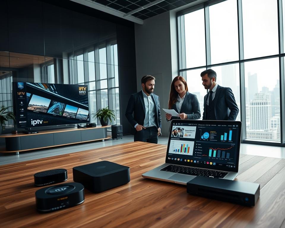 A modern, sleek office space designed for reviewing technology, with a large wooden desk in the foreground, displaying various streaming devices and a laptop with IPTV logos on the screen. In the middle ground, a group of three professionals, two men and one woman, dressed in business attire, are engaged in discussion, analyzing IPTV charts and graphs. The background features a large window highlighting a city skyline, bathed in soft, natural light that creates a welcoming atmosphere. Use a wide-angle lens to capture the dynamics of the room, emphasizing collaboration and professionalism. The overall mood should be focused, analytical, and inspiring, reflecting the importance of selecting the right IPTV provider.
