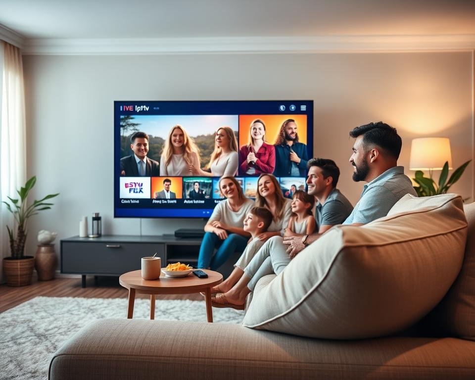 A modern, stylish living room scene showcasing a sleek flat-screen TV displaying vibrant live channels. In the foreground, a comfortable couch with fluffy pillows and a small coffee table holding a remote control and snacks. In the middle ground, a family of four (two adults and two children) is engaged and smiling as they enjoy their IPTV service, dressed in casual attire, creating a warm, inviting atmosphere. The background features soft, diffused lighting that bathes the room in a cozy glow, with a few potted plants and light-colored curtains framing a window. The overall mood is relaxed and family-oriented, reflecting a perfect evening of entertainment with confidence and ease.