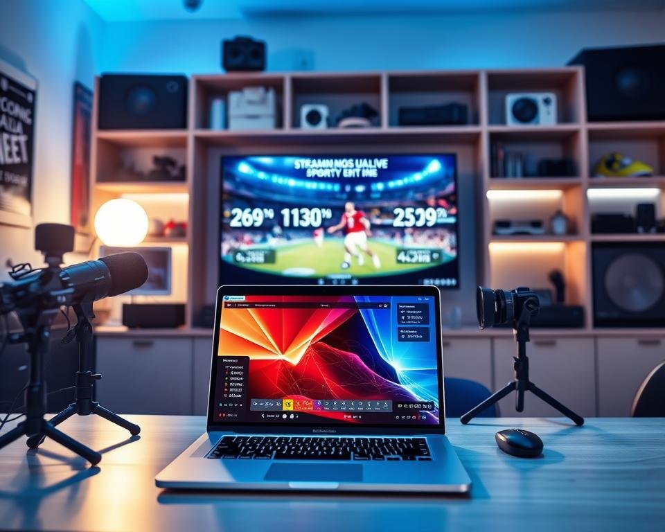A modern, tech-themed workspace showcasing live streaming quality technical requirements. In the foreground, a sleek laptop with a vibrant streaming interface displayed on the screen, surrounded by high-quality microphones and cameras. In the middle, a large screen or monitor broadcasting a vibrant, high-definition sports event with graphics indicating streaming metrics (resolution, bitrate, latency) in an abstract manner. The background features softly blurred shelving with audio-visual equipment, smart devices, and sports memorabilia. The lighting is bright and focused on the workspace with a slight blue tint, creating a dynamic yet professional atmosphere. The overall mood conveys excitement and professionalism, suitable for a digital sports broadcasting environment. A modern, tech-themed workspace showcasing live streaming quality technical requirements. In the foreground, a sleek laptop with a vibrant streaming interface displayed on the screen, surrounded by high-quality microphones and cameras. In the middle, a large screen or monitor broadcasting a vibrant, high-definition sports event with graphics indicating streaming metrics (resolution, bitrate, latency) in an abstract manner. The background features softly blurred shelving with audio-visual equipment, smart devices, and sports memorabilia. The lighting is bright and focused on the workspace with a slight blue tint, creating a dynamic yet professional atmosphere. The overall mood conveys excitement and professionalism, suitable for a digital sports broadcasting environment.