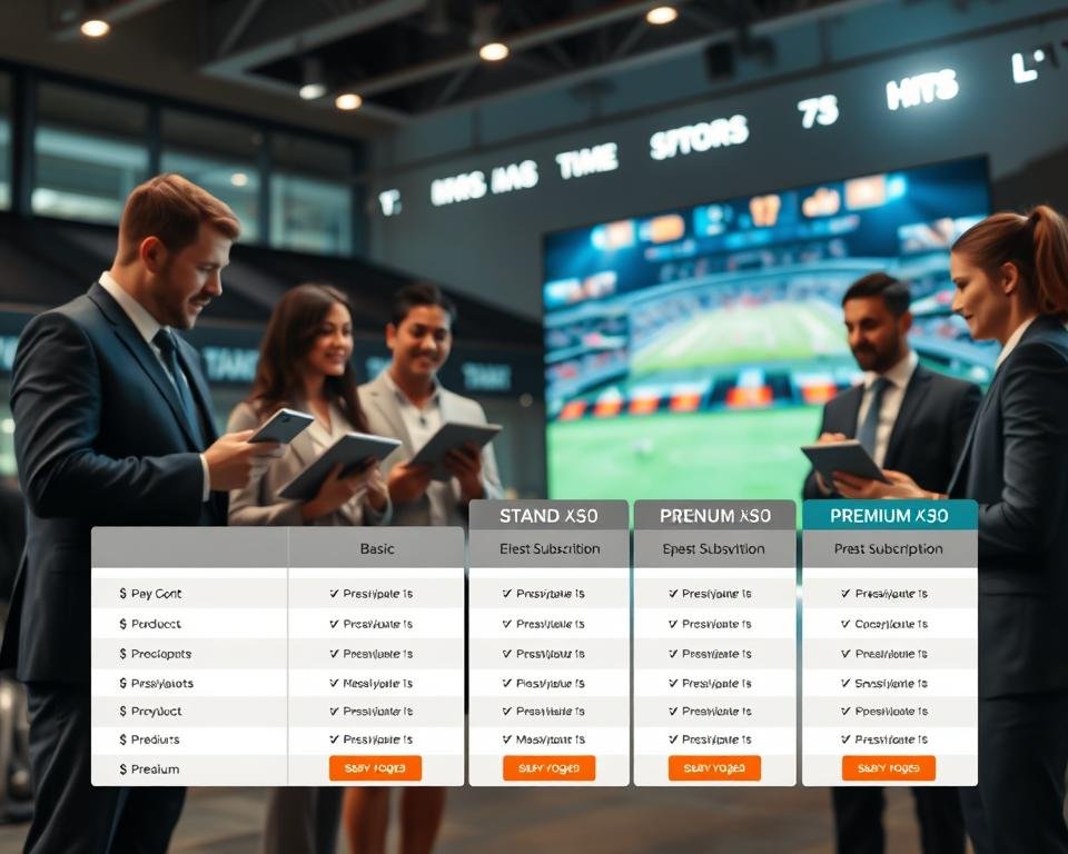 A modern, visually engaging layout illustrating pricing and subscription options for an IPTV sports service. In the foreground, feature an elegant pricing table with several tiered subscription plans, such as Basic, Standard, and Premium, each highlighted with vivid icons representing different sports. The middle ground should include diverse individuals dressed in professional business attire, looking at tablets or laptops, discussing the various options, projecting an atmosphere of excitement and value. In the background, a large screen displaying a live sports event immerses viewers in the action, symbolizing the services offered. Use soft lighting to create an inviting feel, with a slight depth of field that keeps the focus on the front elements while hinting at a vibrant sports environment. A modern, visually engaging layout illustrating pricing and subscription options for an IPTV sports service. In the foreground, feature an elegant pricing table with several tiered subscription plans, such as Basic, Standard, and Premium, each highlighted with vivid icons representing different sports. The middle ground should include diverse individuals dressed in professional business attire, looking at tablets or laptops, discussing the various options, projecting an atmosphere of excitement and value. In the background, a large screen displaying a live sports event immerses viewers in the action, symbolizing the services offered. Use soft lighting to create an inviting feel, with a slight depth of field that keeps the focus on the front elements while hinting at a vibrant sports environment.
