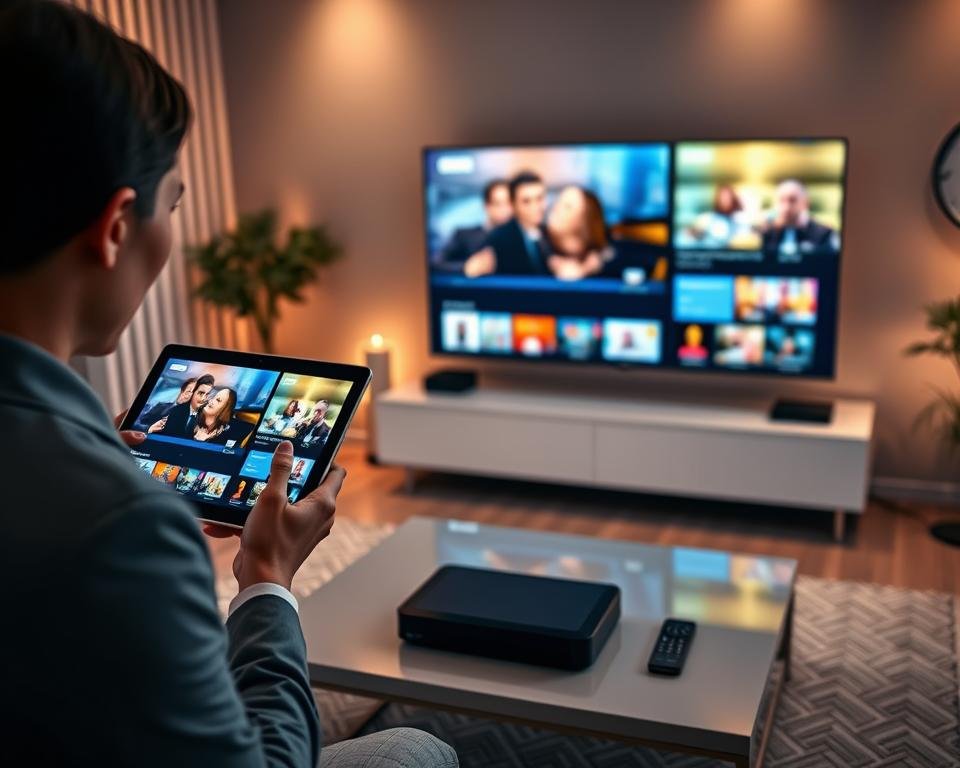 A modern workspace showcasing a user-friendly interface for an IPTV service, featuring multiple devices like a smart TV, tablet, and smartphone displaying the same lively streaming UI. In the foreground, a sleek tablet is held by a person in professional attire, engaging with the interface, while a smart TV in the background exhibits vibrant live TV content. Soft, ambient lighting illuminates the room, creating a welcoming atmosphere. The middle ground includes a stylish coffee table with a streaming device and remote control. The entire scene is viewed from a slightly elevated angle, emphasizing the harmony and ease of use across devices. The mood is fresh and inviting, symbolizing confidence and accessibility in technology.
