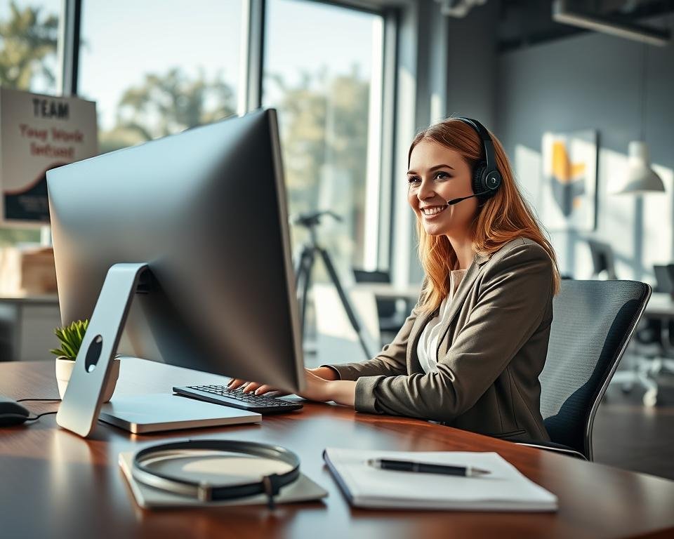 A professional customer support agent sitting at a modern desk, clearly engaged in a live chat session on a sleek computer. The agent, a woman in smart, casual business attire, exhibits a friendly expression as she provides assistance. In the foreground, a headset and a notebook with a pen are visible, emphasizing communication tools. The middle ground showcases a vibrant office environment with a potted plant and motivational posters subtly highlighting teamwork. The background features a large window allowing natural sunlight to flood the space, creating a warm and inviting atmosphere. The overall mood is one of dedication, professionalism, and readiness to assist, with soft lighting that enhances approachability.