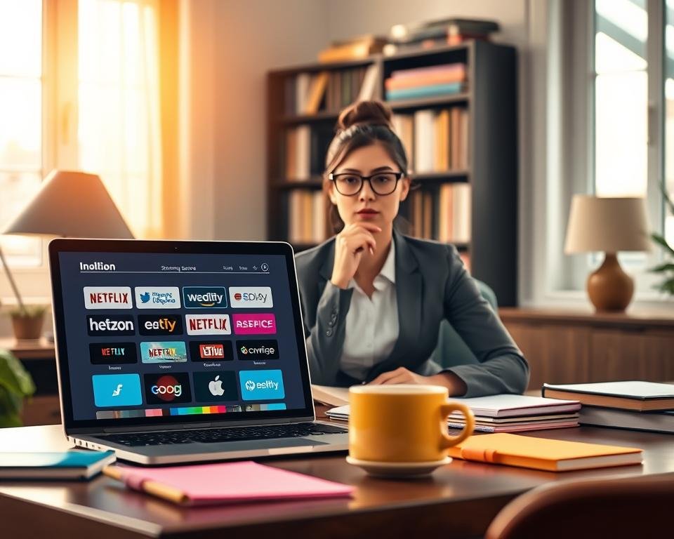 A serene home office scene illustrating tips for choosing a streaming service. In the foreground, a stylish desk with a laptop showcasing various streaming service logos, surrounded by colorful notepads and a steaming cup of coffee. In the middle, a thoughtful person in professional business attire, a young woman with glasses, analyzing options on the laptop with a focused expression. The background features a soft-focus bookshelf filled with books about technology and media, bathed in warm, natural light streaming through a window. The overall mood is calm and professional, evoking a sense of clarity and informed decision-making. Use a shallow depth of field to emphasize the subject while subtly blurring the background. A serene home office scene illustrating tips for choosing a streaming service. In the foreground, a stylish desk with a laptop showcasing various streaming service logos, surrounded by colorful notepads and a steaming cup of coffee. In the middle, a thoughtful person in professional business attire, a young woman with glasses, analyzing options on the laptop with a focused expression. The background features a soft-focus bookshelf filled with books about technology and media, bathed in warm, natural light streaming through a window. The overall mood is calm and professional, evoking a sense of clarity and informed decision-making. Use a shallow depth of field to emphasize the subject while subtly blurring the background.