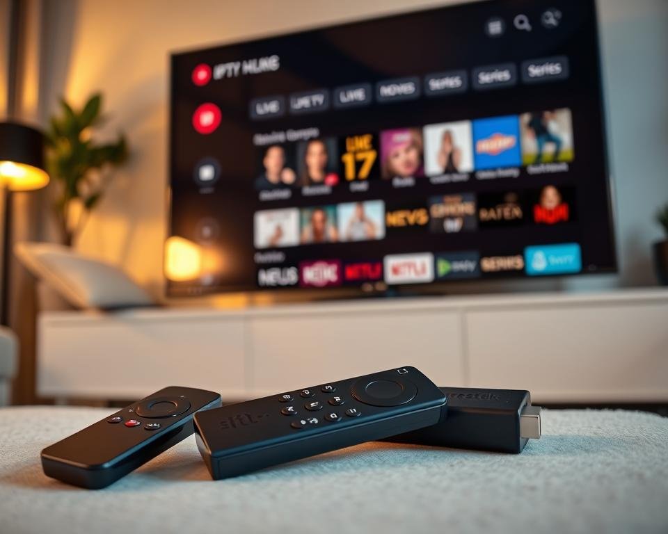 A sleek IPTV player app interface displayed on a modern TV screen, showcasing vibrant streaming icons and an organized layout for easy navigation. In the foreground, the TV remote sits beside the Firestick device, designed with a polished black finish. In the middle ground, a close-up view captures the app's user-friendly interface, featuring categories like Live TV, Movies, and Series with colorful thumbnails. The background fades into a cozy living room environment, implying a homey atmosphere, with soft golden lighting casting gentle shadows. The angle is slightly tilted to emphasize the screen while maintaining a clear focus on the IPTV app. The overall mood is inviting and tech-savvy, perfect for illustrating the importance of choosing the right IPTV player.