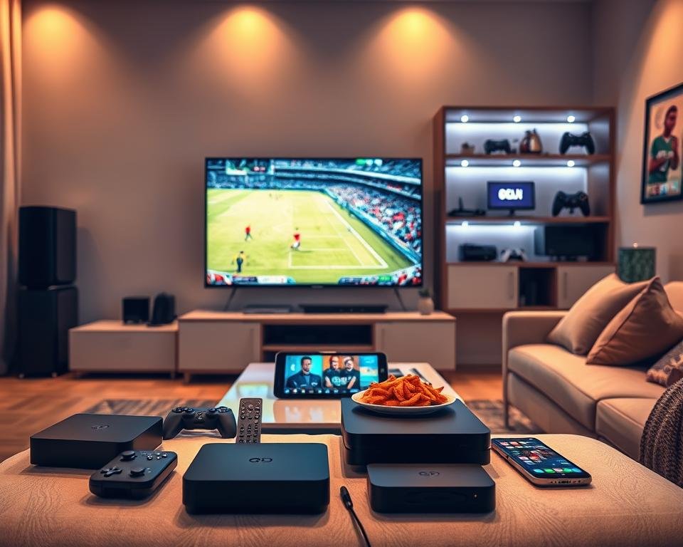 A sleek and modern device compatibility streaming setup in a well-lit living room. In the foreground, a high-definition smart TV displays a vibrant sports game, showcasing the clarity of IPTV streaming. Surrounding the TV, various compatible devices like a streaming box, tablet, and smartphone are neatly arranged. The middle ground features a comfortable sofa with a remote control and snacks placed on a stylish coffee table. In the background, softly lit shelves house gaming consoles and decorative sports memorabilia, creating an inviting atmosphere. The lighting is warm and welcoming, with soft shadows adding depth. The overall mood is energizing and engaging, perfectly capturing the essence of live sports streaming enjoyment. A sleek and modern device compatibility streaming setup in a well-lit living room. In the foreground, a high-definition smart TV displays a vibrant sports game, showcasing the clarity of IPTV streaming. Surrounding the TV, various compatible devices like a streaming box, tablet, and smartphone are neatly arranged. The middle ground features a comfortable sofa with a remote control and snacks placed on a stylish coffee table. In the background, softly lit shelves house gaming consoles and decorative sports memorabilia, creating an inviting atmosphere. The lighting is warm and welcoming, with soft shadows adding depth. The overall mood is energizing and engaging, perfectly capturing the essence of live sports streaming enjoyment.