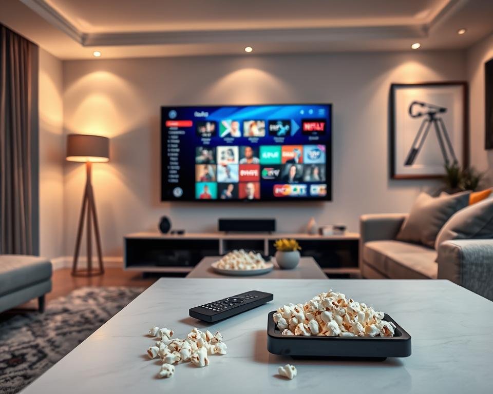 A sleek and modern living room with a focus on entertainment, showcasing a large flat-screen TV displaying vibrant IPTV channel options. In the foreground, a stylish coffee table with a remote control and popcorn, evoking a homey ambiance. To the side, a cozy couch with cushions, inviting viewers to relax. In the background, soft ambient lighting creates a warm atmosphere, complemented by elegant wall art related to IPTV. The scene radiates a sense of security and comfort, emphasizing the legality and reliability of official paid IPTV providers. Use soft focus for the lighting to enhance the inviting mood, capturing the essence of a premium streaming experience. No human figures are present, ensuring a clean and professional visual.