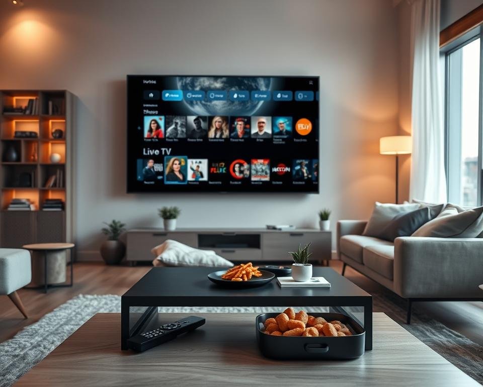 A sleek and modern streaming service interface displayed on a large, high-resolution screen in a cozy living room setting. In the foreground, a stylish coffee table with a remote control and snacks adds a homey touch. The middle ground features a comfortable, modern couch and subtle decorative elements like potted plants. The background showcases a softly lit wall with a bookshelf and ambient lighting, creating a warm atmosphere. The interface appears intuitive, showcasing various categories like movies, shows, and live TV, with vibrant thumbnails and user-friendly icons. The room is illuminated by soft, natural light filtering in through a window, enhancing the inviting mood of the space. The overall composition captures the essence of a seamless IPTV experience.