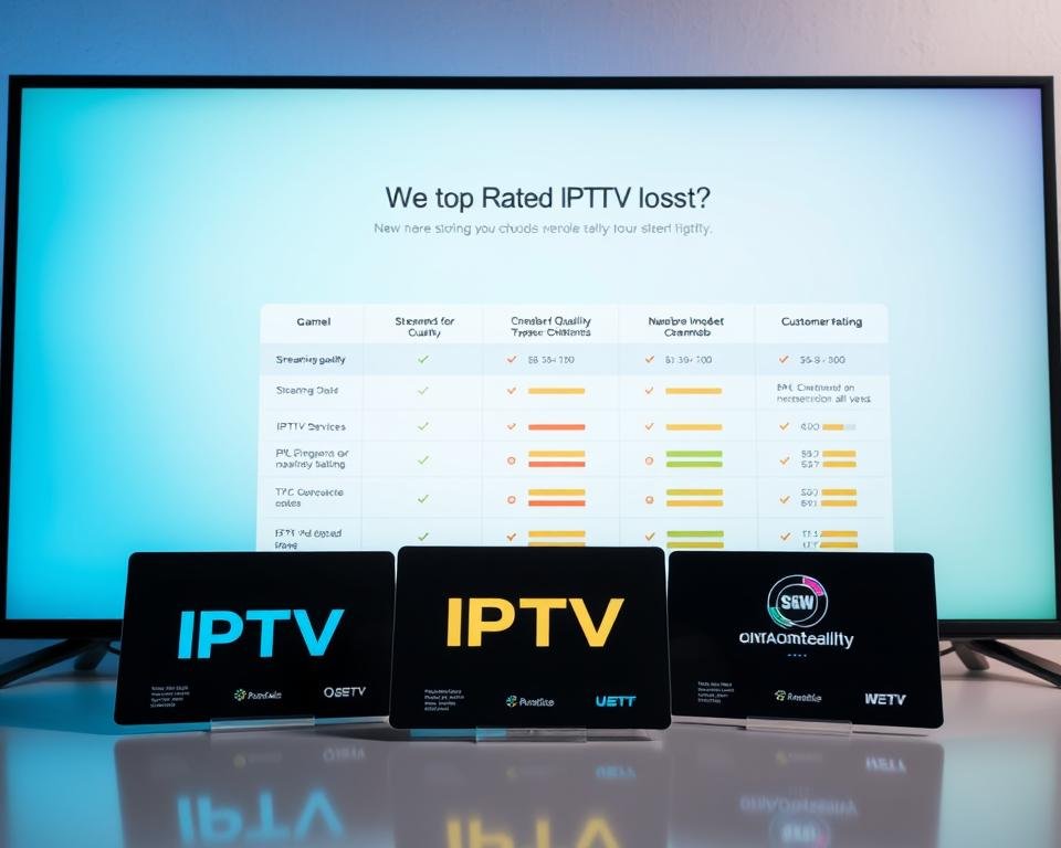 A sleek, modern digital comparison chart showcasing the top-rated IPTV services, visually presented with vibrant colors and graphical icons representing various features like channels, streaming quality, and pricing. In the foreground, prominently display three IPTV service logos on stylish cards arranged aesthetically. In the middle, a clean, minimalist layout with bar graphs and checklists comparing streaming quality, number of channels, and customer ratings. The background features a soft gradient of blue and green tones, evoking a tech-savvy atmosphere. The scene is illuminated with bright, even lighting emphasizing clarity and modernity. Capture it from a slightly elevated angle to provide an engaging perspective, creating a professional and informative mood without any text or distortions.