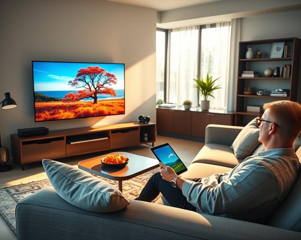 A sleek, modern living room designed for entertainment, showcasing a large flat-screen TV displaying vibrant 4K imagery of a nature scene with vivid colors. In the foreground, a comfortable couch is adorned with stylish pillows, where a relaxed person in business casual attire enjoys seamless streaming on a tablet. The middle ground features a small coffee table with snacks, reflecting an inviting atmosphere. Light streams in through a large window, casting a warm glow throughout the room. In the background, shelves with neatly organized decor items and a smart streaming device emphasize technological sophistication. The scene conveys a sense of comfort, excitement, and the joy of uninterrupted viewing in high definition, all bathed in a soft, ambient lighting.