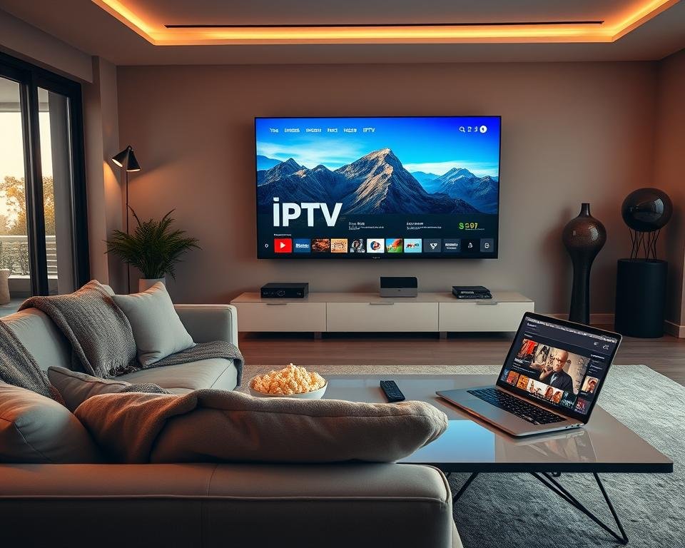 A sleek, modern living room featuring a large flat-screen TV displaying immersive IPTV content. In the foreground, a cozy couch with a throw blanket invites users to relax while enjoying premium streaming features. The middle ground showcases a stylish coffee table with a remote control, a bowl of popcorn, and a laptop streaming IPTV, highlighting the interactive experience. In the background, large windows let in warm, natural light, creating a welcoming atmosphere with soft shadows. The overall mood is inviting and high-tech, emphasizing comfort and cutting-edge technology in home entertainment. Use a warm color palette with soft lighting to enhance the serene environment, evoking a sense of premium relaxation.