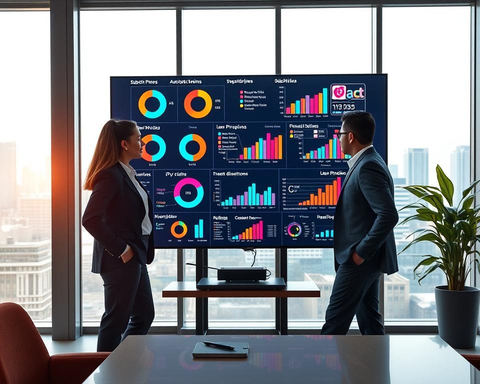 A sleek, modern workspace with a large interactive digital screen displaying vibrant charts and graphs analyzing popular IPTV providers. In the foreground, a diverse group of three professionals, dressed in smart business attire, thoughtfully discussing the data. In the middle, the screen showcases colorful pie charts and bar graphs highlighting subscriber counts, pricing tiers, and user ratings of IPTV services. The background features a clean and stylish office window with a cityscape view, suggesting a high-tech, corporate atmosphere. Soft, natural lighting streams in, enhancing the professional mood. The camera is angled slightly above eye level, providing a dynamic perspective of collaboration and analysis, emphasizing a sense of innovation in streaming technology.