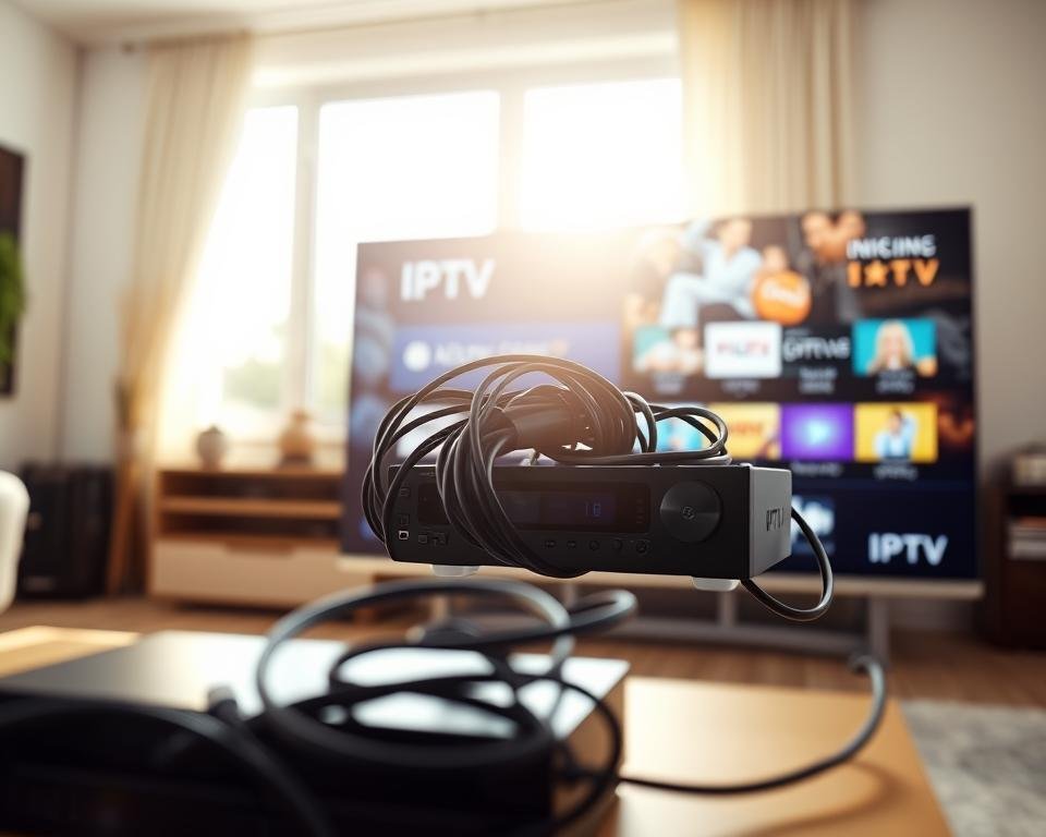 A split-screen image contrasting IPTV with traditional cable TV. In the foreground, a modern living room setup with a sleek flat-screen TV displaying a vibrant IPTV interface, showcasing various channels and streaming options. In the middle section, depict an old-fashioned cable box tangled with cables, illustrating the clutter and complexity of traditional cable. The background features a sunny window with soft daylight illuminating the room, creating a warm, inviting atmosphere. Use a shallow depth of field to keep the focus on the IPTV interface while blurring the cable box. The scene evokes a sense of convenience and modernity associated with IPTV, emphasizing its advantages over traditional cable.