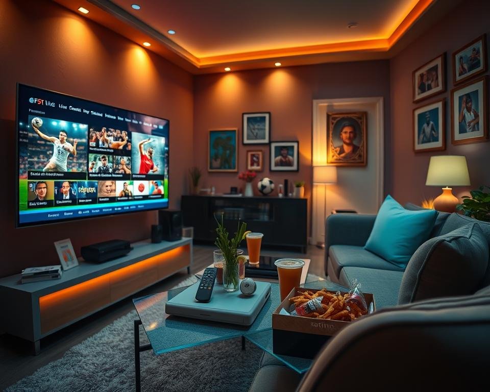 A vibrant and dynamic scene depicting a modern living room filled with excitement of live sports and entertainment. In the foreground, a sleek, high-tech television showcases a colorful display of various sports channels, featuring soccer, basketball, and more. A cozy couch is adorned with snacks and drinks, suggesting a lively viewing party. In the middle ground, a stylish coffee table holds remote controls and a digital streaming device, while soft lighting creates an inviting atmosphere. The background includes decor like framed sports memorabilia and warm wall colors, enhancing the ambiance. The overall mood is energetic and engaging, capturing the thrill of watching live entertainment at home, designed for an upscale yet relaxed setting. The composition should be shot at an eye-level angle, focusing on the vibrant colors and lively details.