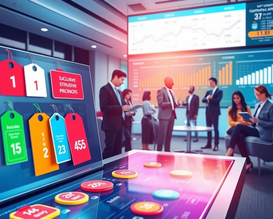 A vibrant and visually striking illustration depicting competitive pricing structures for IPTV subscriptions. In the foreground, a sleek digital display showcases a variety of colorful price tags and discount badges, symbolizing exclusive deals. The middle ground features a modern office environment where a diverse group of professionals, dressed in smart business attire, are engaged in animated discussions and analyzing data on tablets and laptops. The background features a large digital screen displaying trends in pricing and customer satisfaction metrics. The lighting is bright and modern, highlighting the professionalism of the scene, with a focus on clear, sharp angles that suggest innovation and competition. The mood is dynamic and collaborative, conveying the excitement around finding the best deals in a competitive market.