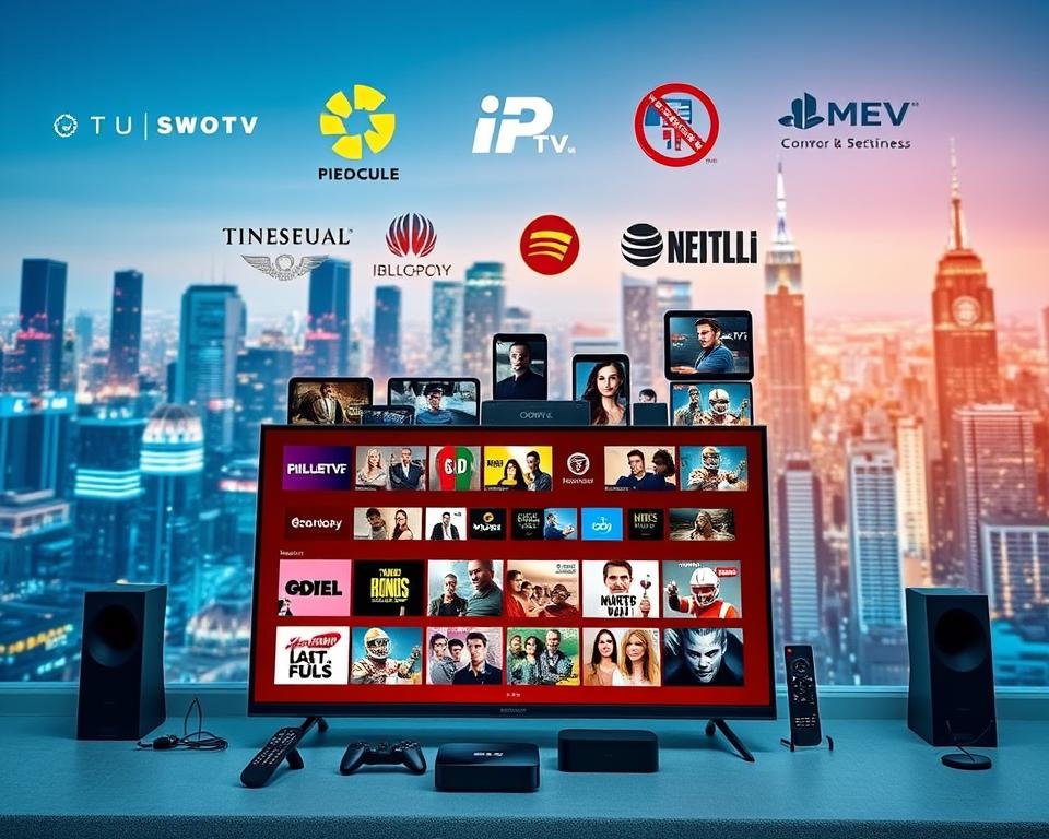 A vibrant, engaging collage of leading IPTV services, prominently featuring recognizable logos and icons of popular providers. In the foreground, a sleek modern television displays a colorful interface showcasing a variety of on-demand content, with remote controls artistically scattered around. The middle layer presents a stylishly arranged array of devices like streaming boxes, tablets, and smartphones, each showing snippets of diverse programming genres such as movies, sports, and documentaries. The background features an abstract digital cityscape with glowing lights, representing the connectivity of digital media. The lighting is bright and inviting, evoking a sense of excitement and anticipation. Capture a professional atmosphere, reflecting the digital age of entertainment.
