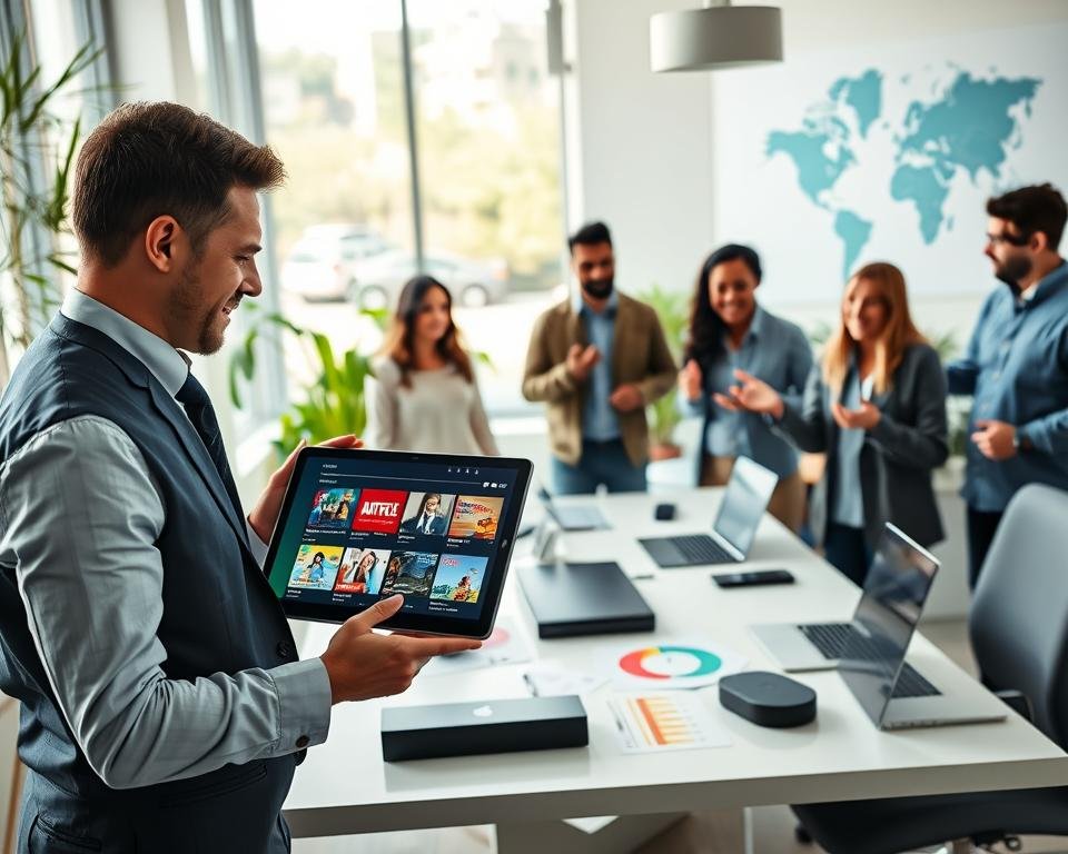 A vibrant, engaging scene depicting a modern office environment where two professionals and a diverse group of people are interacting. In the foreground, a focused expert wearing business attire reviews a digital tablet showing live TV streaming options, while a smiling user in casual clothing gestures enthusiastically. In the middle, a sleek desk with multiple devices—the tablet, a laptop, and a streaming device—is surrounded by colorful charts illustrating user reviews and ratings. The background features a bright, airy room with large windows letting in natural light, plants for a fresh atmosphere, and a world map on the wall symbolizing global streaming services. The mood is positive and collaborative, highlighting the excitement of exploring cable alternatives. The image should convey professionalism and enthusiasm for innovative streaming solutions. A vibrant, engaging scene depicting a modern office environment where two professionals and a diverse group of people are interacting. In the foreground, a focused expert wearing business attire reviews a digital tablet showing live TV streaming options, while a smiling user in casual clothing gestures enthusiastically. In the middle, a sleek desk with multiple devices—the tablet, a laptop, and a streaming device—is surrounded by colorful charts illustrating user reviews and ratings. The background features a bright, airy room with large windows letting in natural light, plants for a fresh atmosphere, and a world map on the wall symbolizing global streaming services. The mood is positive and collaborative, highlighting the excitement of exploring cable alternatives. The image should convey professionalism and enthusiasm for innovative streaming solutions.