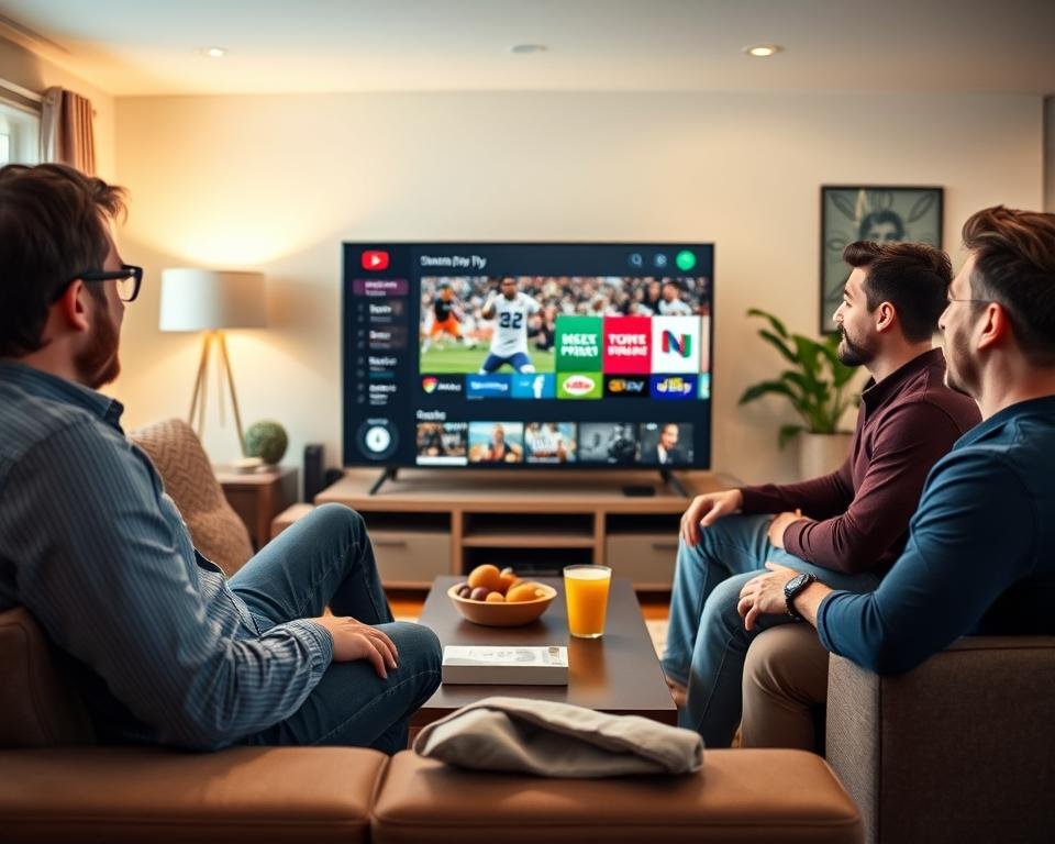 A vibrant living room scene showcasing the real-world performance of live TV streaming alternatives. In the foreground, a diverse group of three friends—two men and one woman—are comfortably seated on a stylish couch, wearing casual but polished clothing, engaged in a lively discussion while watching a sports event on a large, modern flat-screen TV. In the middle ground, the TV displays a high-definition streaming interface featuring various vibrant streaming logos and content recommendations. The background reveals a cozy, well-decorated room with soft lighting that enhances the warm atmosphere, while a coffee table holds snacks and drinks. The scene is captured from a slightly elevated angle to convey inclusiveness and excitement, reflecting the enjoyable user experience of streaming services. A vibrant living room scene showcasing the real-world performance of live TV streaming alternatives. In the foreground, a diverse group of three friends—two men and one woman—are comfortably seated on a stylish couch, wearing casual but polished clothing, engaged in a lively discussion while watching a sports event on a large, modern flat-screen TV. In the middle ground, the TV displays a high-definition streaming interface featuring various vibrant streaming logos and content recommendations. The background reveals a cozy, well-decorated room with soft lighting that enhances the warm atmosphere, while a coffee table holds snacks and drinks. The scene is captured from a slightly elevated angle to convey inclusiveness and excitement, reflecting the enjoyable user experience of streaming services.