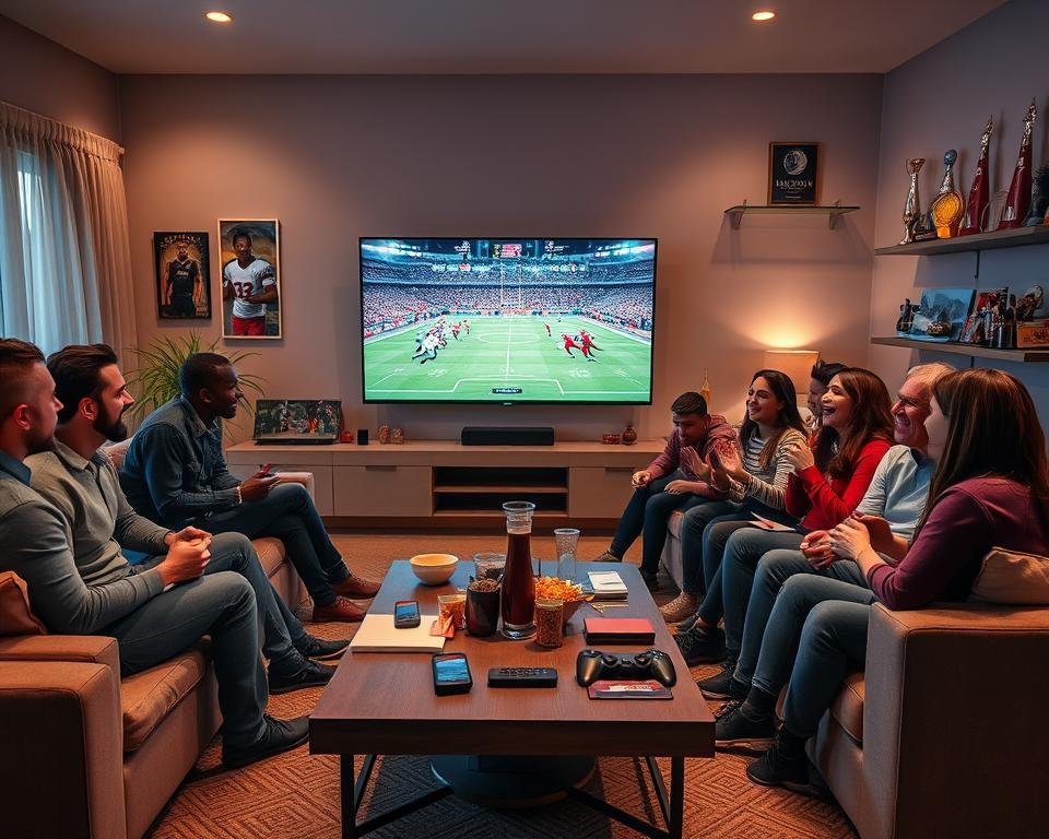 A vibrant living room with a modern setup, featuring a large flat-screen TV showcasing an intense live sports match. In the foreground, a group of excited friends, dressed in casual clothing, sit on a comfortable couch, cheering with snacks and drinks in hand. The middle ground includes a stylish coffee table filled with remote controls and sports memorabilia. The background should show a well-decorated wall adorned with sports posters and a shelf with trophies and collectible items. Soft, ambient lighting enhances the lively atmosphere, while the shot is captured from a slightly elevated angle, creating an immersive feel, conveying excitement and camaraderie in the sports streaming experience. A vibrant living room with a modern setup, featuring a large flat-screen TV showcasing an intense live sports match. In the foreground, a group of excited friends, dressed in casual clothing, sit on a comfortable couch, cheering with snacks and drinks in hand. The middle ground includes a stylish coffee table filled with remote controls and sports memorabilia. The background should show a well-decorated wall adorned with sports posters and a shelf with trophies and collectible items. Soft, ambient lighting enhances the lively atmosphere, while the shot is captured from a slightly elevated angle, creating an immersive feel, conveying excitement and camaraderie in the sports streaming experience.