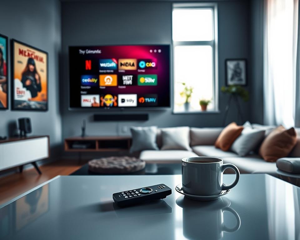 A vibrant, modern living room featuring a large flat-screen TV displaying various streaming service icons, creating an inviting and tech-savvy atmosphere. In the foreground, a sleek coffee table holds a remote control alongside a steaming cup of coffee. The middle ground showcases a comfortable sofa with cushions, while a window in the background lets in soft, natural light, illuminating the space with a cozy feel. The walls are adorned with framed posters of popular shows and movies available on streaming platforms, emphasizing the cutting-edge entertainment experience. The mood is relaxed and engaging, portraying the essence of streaming services as a seamless, enjoyable alternative to traditional cable. A vibrant, modern living room featuring a large flat-screen TV displaying various streaming service icons, creating an inviting and tech-savvy atmosphere. In the foreground, a sleek coffee table holds a remote control alongside a steaming cup of coffee. The middle ground showcases a comfortable sofa with cushions, while a window in the background lets in soft, natural light, illuminating the space with a cozy feel. The walls are adorned with framed posters of popular shows and movies available on streaming platforms, emphasizing the cutting-edge entertainment experience. The mood is relaxed and engaging, portraying the essence of streaming services as a seamless, enjoyable alternative to traditional cable.