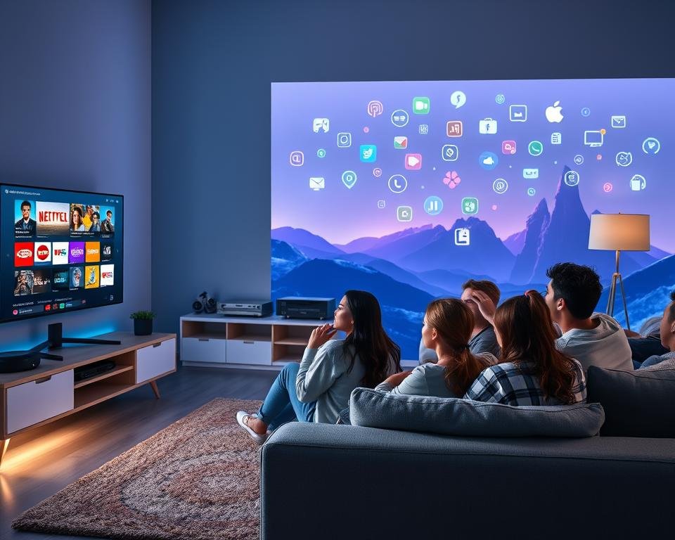 A vibrant scene illustrating the evolution of streaming entertainment. In the foreground, a modern living room with a sleek, flat-screen TV displaying popular streaming platforms. A diverse family of four, dressed in casual, comfortable clothing, sits on a stylish couch, engrossed in their viewing experience. The middle ground features a shelf filled with retro entertainment devices, such as a VHS player and DVD collection, merging past and present. In the background, a futuristic digital landscape with floating icons symbolizing various streaming apps and devices, illuminated by soft blue and purple lighting. The atmosphere is lively and inviting, showcasing the contrast between traditional and modern entertainment methods, captured with a wide-angle lens to convey depth and perspective.