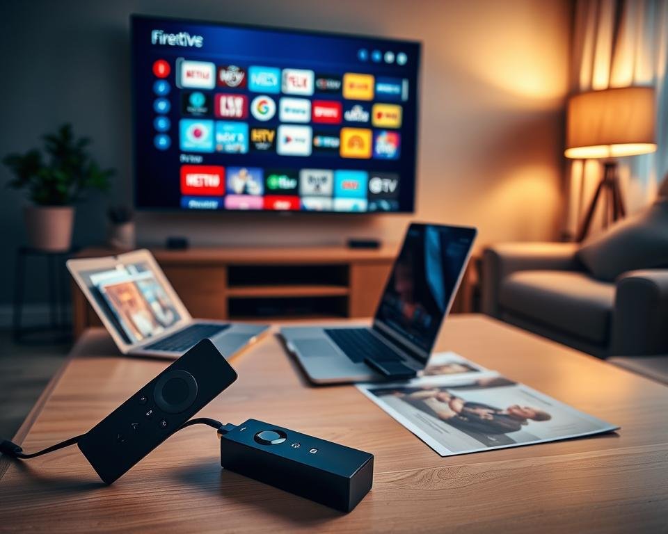 A vibrant scene showcasing various unofficial free IPTV service options for Firestick. In the foreground, a sleek black Amazon Firestick device, elegantly plugged into a modern flat-screen TV displaying a colorful array of streaming icons and channel logos. The middle layer features an organized table with a laptop and pamphlets about IPTV services, along with a remote control, creating a tech-savvy vibe. The background highlights a cozy living room setting with dimmed lights, emphasizing a relaxed and inviting atmosphere. Soft, warm lighting casts gentle shadows, enhancing the professional yet approachable mood. Use a wide-angle lens to capture the entire scene, ensuring clarity and depth across all elements. The image should reflect ease of use and excitement around streaming options.