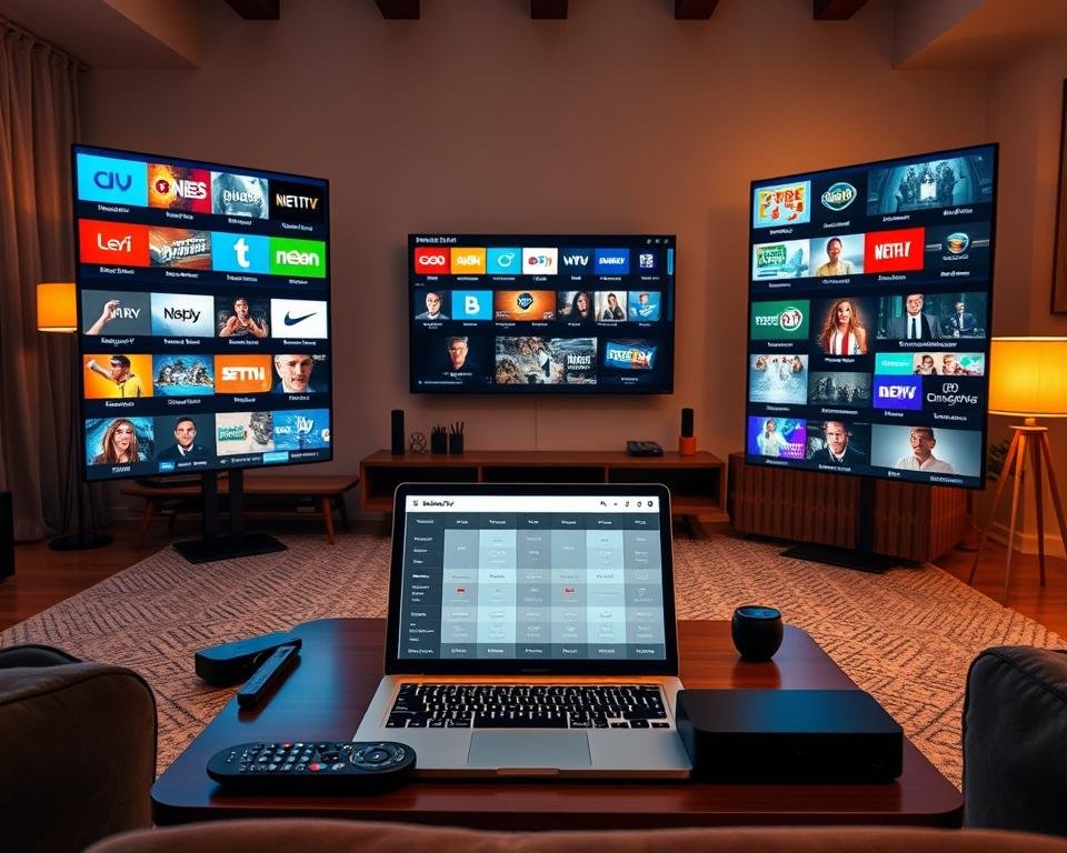A vibrant, visually appealing layout showcasing a comparison of live TV streaming channel lineups against a backdrop of a modern home entertainment setup. In the foreground, multiple screens display colorful grids, highlighting various streaming packages and channel options, featuring diverse icons and graphics representing different genres like sports, movies, and news. The middle ground contains a stylish coffee table with a laptop displaying an interactive comparison chart, surrounded by remote controls and a streaming device. In the background, a cozy living room setting with a large smart TV, warm lighting from floor lamps, and minimalistic decor creates an inviting atmosphere. Use a wide-angle lens effect to capture depth, enhancing the feeling of a contemporary, tech-savvy space. A vibrant, visually appealing layout showcasing a comparison of live TV streaming channel lineups against a backdrop of a modern home entertainment setup. In the foreground, multiple screens display colorful grids, highlighting various streaming packages and channel options, featuring diverse icons and graphics representing different genres like sports, movies, and news. The middle ground contains a stylish coffee table with a laptop displaying an interactive comparison chart, surrounded by remote controls and a streaming device. In the background, a cozy living room setting with a large smart TV, warm lighting from floor lamps, and minimalistic decor creates an inviting atmosphere. Use a wide-angle lens effect to capture depth, enhancing the feeling of a contemporary, tech-savvy space.
