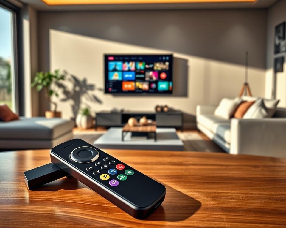 A visual representation of official free IPTV platforms designed for the Firestick, prominently featuring a sleek, modern remote control on a stylish coffee table. In the foreground, the remote control displays icons of popular IPTV applications creatively illustrated in a vibrant style. The middle ground showcases a contemporary living room with a large flat-screen TV displaying a colorful IPTV interface, surrounded by an inviting sofa and subtle decorative elements. The background features a cozy ambiance with warm lighting, soft shadows, and large windows allowing natural light to filter in, enhancing the inviting atmosphere. The scene captures a sense of modern entertainment and convenience, perfectly suitable for streaming enthusiasts.