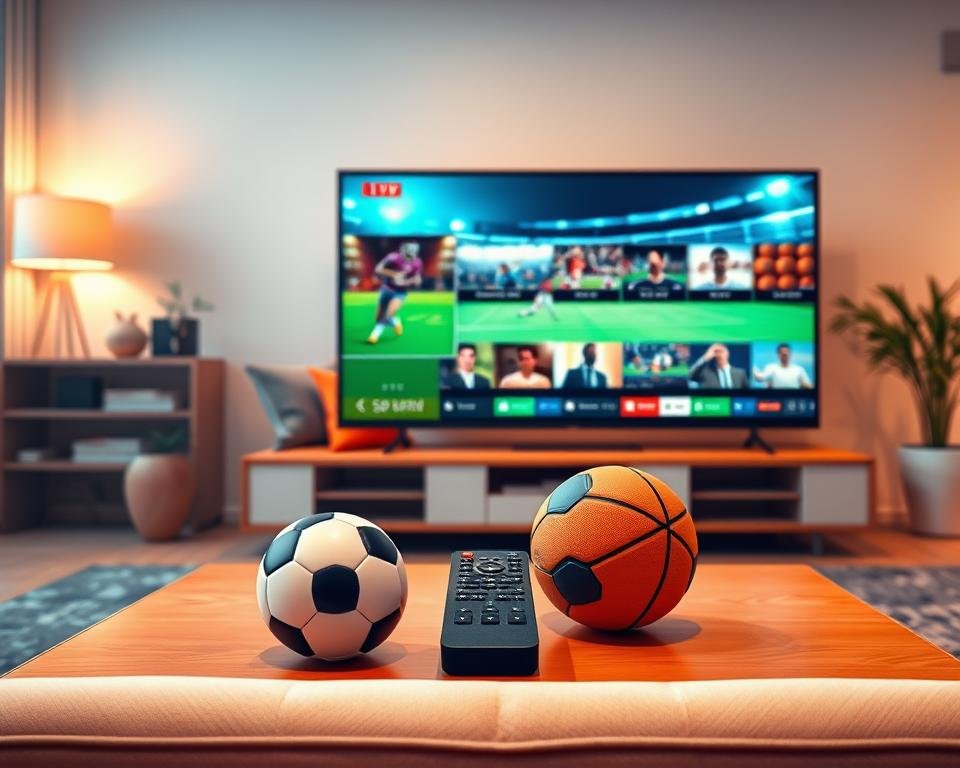 A visually appealing illustration depicting the features of the best IPTV subscription for sports enthusiasts. In the foreground, a sleek, modern television displays multiple sports channels with vibrant live action, showcasing football, basketball, and soccer games. In the middle, a stylish coffee table holds a remote control alongside popular sports gear like a soccer ball and a basketball, symbolizing the excitement of live sports. The background features a cozy living room setting with soft, ambient lighting, giving a relaxed atmosphere perfect for watching games. The image should evoke feelings of anticipation and enjoyment, with a warm color palette that invites viewers to imagine themselves engaged in thrilling sports entertainment from home. A visually appealing illustration depicting the features of the best IPTV subscription for sports enthusiasts. In the foreground, a sleek, modern television displays multiple sports channels with vibrant live action, showcasing football, basketball, and soccer games. In the middle, a stylish coffee table holds a remote control alongside popular sports gear like a soccer ball and a basketball, symbolizing the excitement of live sports. The background features a cozy living room setting with soft, ambient lighting, giving a relaxed atmosphere perfect for watching games. The image should evoke feelings of anticipation and enjoyment, with a warm color palette that invites viewers to imagine themselves engaged in thrilling sports entertainment from home.