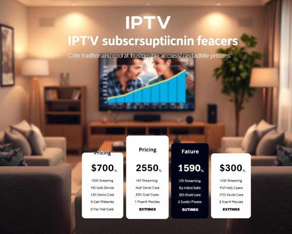 A visually appealing infographic representation of IPTV subscription pricing models, showcasing various tiers and features. In the foreground, include three distinct pricing plans each displayed in sleek, modern card designs with icons representing features like VOD, HD streaming, and multi-device access. In the middle, create a graph or chart illustrating cost efficiency compared to traditional cable packages. The background features a stylish living room setup with a TV displaying IPTV content. Utilize soft, warm lighting to evoke a cozy and inviting atmosphere, and choose a slightly elevated angle to capture all elements harmoniously. The overall mood should convey clarity and professionalism, aimed at educating viewers about subscription options without any text, logos, or watermarks.