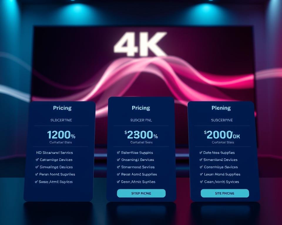A visually appealing layout of subscription plans and pricing options for a 4K IPTV service, set against a sleek, modern background featuring subtle gradients in a tech-inspired color palette. In the foreground, display three distinct pricing tiers with icons representing features like HD streaming, simultaneous devices, and customer support. Each plan should have a slightly different design, emphasizing the varied options. In the middle ground, incorporate abstract shapes or light waves to suggest connectivity and streaming technology. The lighting should be soft yet focused, creating an inviting and professional atmosphere. Use a perspective that gives a slight bird’s-eye view, enhancing clarity and depth. The mood should be modern, dynamic, and informative, fostering a sense of innovation and choice.