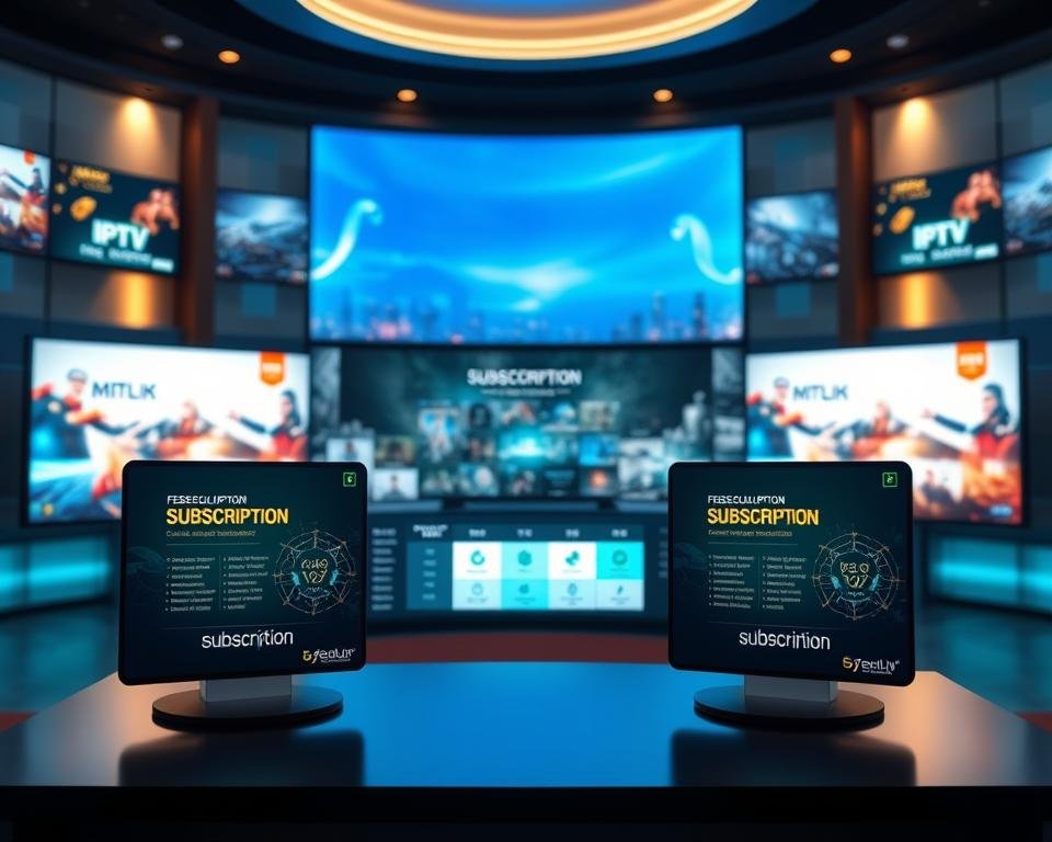 A visually appealing representation of flexible subscription packages for an IPTV service, featuring an elegant layout of various digital screens displaying vibrant graphics. In the foreground, showcase three distinct subscription options depicted as sleek, modern cards surrounded by soft ambient lighting, highlighting their features. In the middle, incorporate a stylized table filled with icons representing different pricing tiers and benefits, emphasizing value and flexibility. In the background, create a subtle digital cityscape, suggesting connectivity and technology. Use a warm, inviting color palette with a focus on blues and greens to evoke a sense of trust and reliability. The overall atmosphere should feel professional and engaging, suitable for a tech-savvy audience.