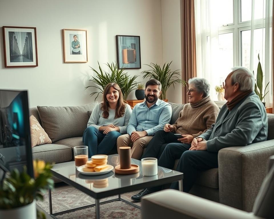 A visually appealing scene set in a cozy living room, showing a diverse group of three happy users, a middle-aged woman, a young man, and an elderly couple. They are seated comfortably on a stylish sofa, interacting while watching live TV on a modern flat-screen television. Bright, natural light filters through large windows, creating a warm and inviting atmosphere. The coffee table is adorned with snacks and drinks, enhancing the relaxed vibe. The users are dressed in professional business attire and modest casual clothing, smiling as they share their positive experiences with the IPTV service. The background features calming wall art and decorative plants, emphasizing a sense of satisfaction and community. Create the image using a soft-focus lens effect for a warm, engaging atmosphere.