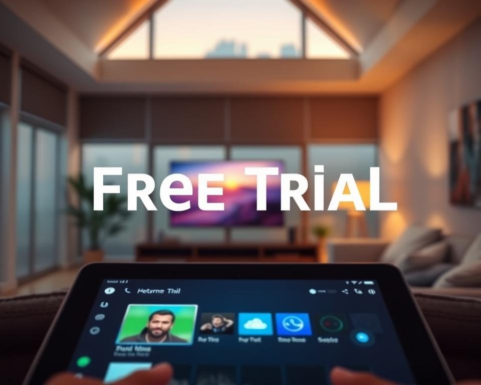 A visually appealing scene showcasing the concept of a "free trial" for IPTV services. In the foreground, a modern digital device, like a tablet or smart TV, displays a vibrant interface with streaming options highlighted. The middle layer includes a sleek, well-organized living room with comfortable seating, inviting viewers to imagine enjoying the free trial experience. Soft ambient lighting enhances the cozy atmosphere, suggesting relaxation and enjoyment. In the background, a window reveals a sunset, casting warm golden hues across the scene, adding to the welcoming feel. Capture this with a slightly elevated angle and a shallow depth of field, focusing on the device while softly blurring the surroundings, conveying a sense of focus on the decision-making process surrounding free trials.