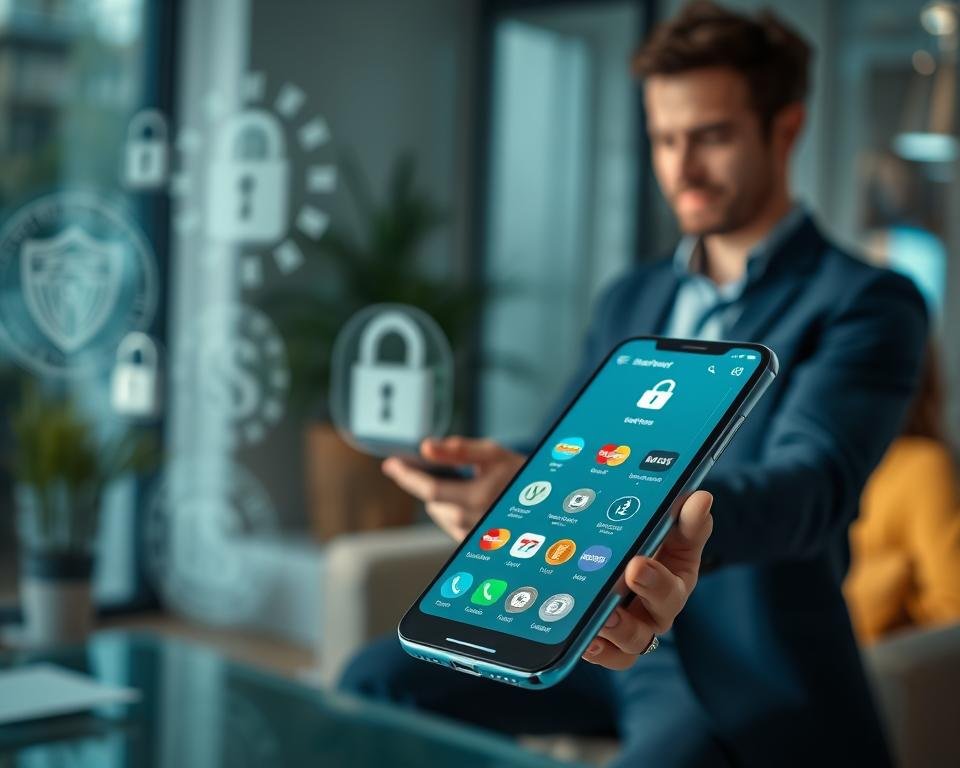 A visually compelling representation of secure payment options for an IPTV service, focusing on a clean and modern digital wallet interface displayed on a sleek, high-tech mobile device in the foreground. The phone shows various accepted payment methods, such as credit cards and digital currencies, with icons gleaming under a subtle glow. In the middle ground, blurred yet recognizable symbols of security, like padlocks and shields, suggest protection and trust. The background features a softly lit, contemporary office setting with a professional, casually dressed individual interacting with the device, radiating confidence and ease. The overall atmosphere is reassuring and forward-looking, with a harmonious blend of blues and greens to evoke a sense of security and innovation.