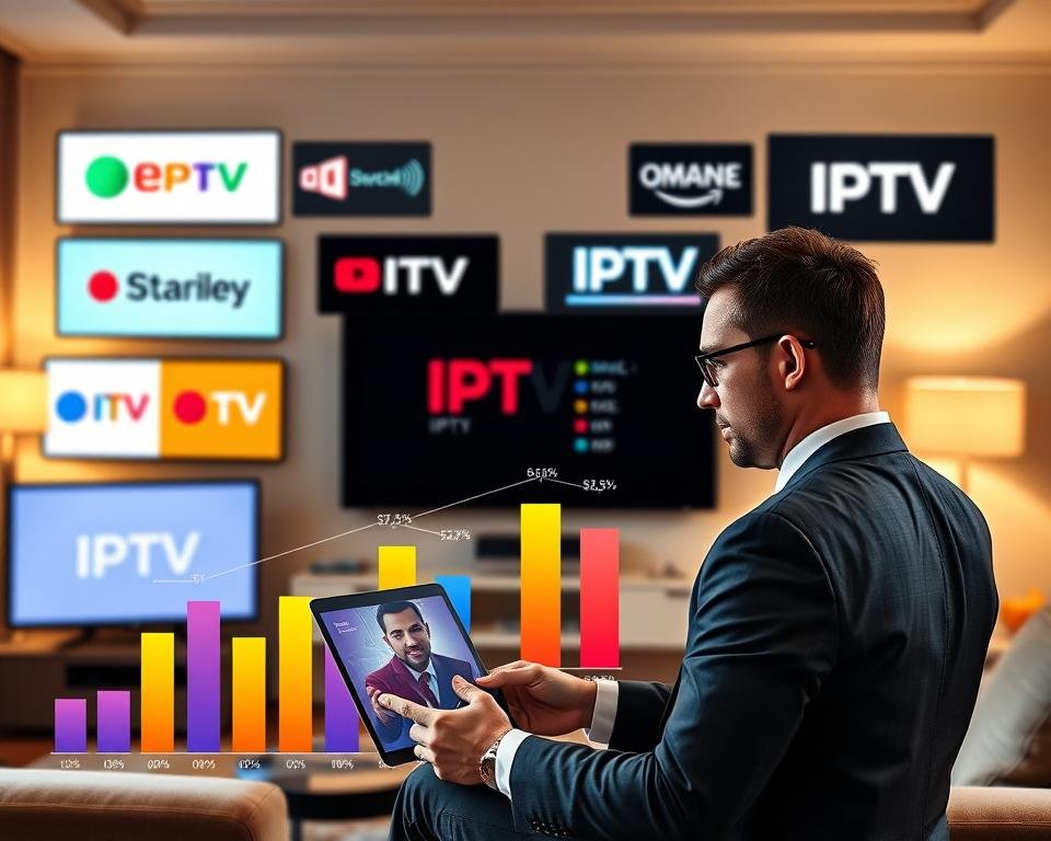 A visually engaging comparison scene showcasing various IPTV service logos, each displayed prominently on sleek, modern devices like smart TVs, tablets, and smartphones. In the foreground, a well-dressed business professional in smart casual attire is examining data charts on a laptop, portraying a thoughtful analysis. In the middle ground, vibrant, color-coded bar graphs represent performance metrics like channel variety, pricing, and customer satisfaction, creating an atmosphere of informed decision-making. The background features a soft-focus view of a cozy living room, illuminated by warm, inviting lights, enhancing the sense of comfort that IPTV brings to home entertainment. The overall mood should be one of professionalism and clarity, encouraging viewers to make an informed choice in a competitive landscape.