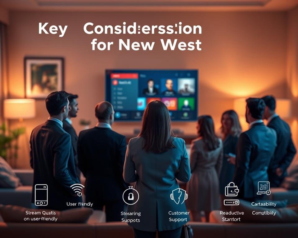 A visually engaging illustration representing "Key Considerations for New Users" of IPTV services. In the foreground, feature a diverse group of individuals in professional business attire, gathered around a modern, sleek television displaying a user-friendly interface on the screen. In the middle ground, depict various icons symbolizing key features such as streaming quality, customer support, and compatibility, each illuminated softly. The background should show a cozy living room setting with warm lighting, creating a welcoming atmosphere. Soft lens blur effect to enhance focus on the group and the TV, evoking a sense of confidence and community as they discuss their new IPTV service experience.
